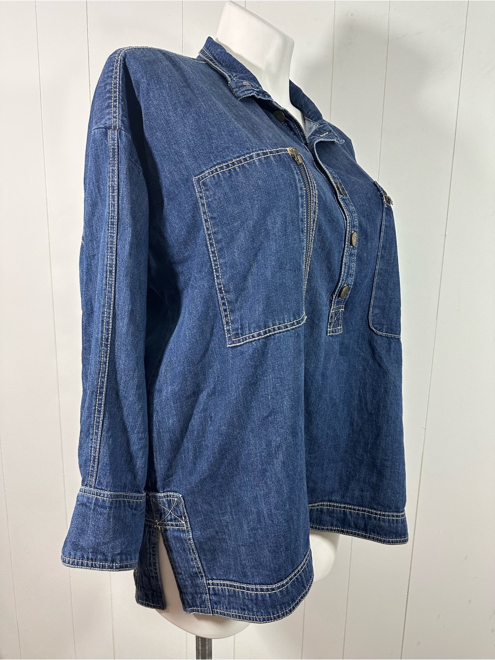 Pilcro Sz L Petite Women’s Tunic Shirt Top Blue Denim Cotton Button Half Placket - Picture 4 of 15